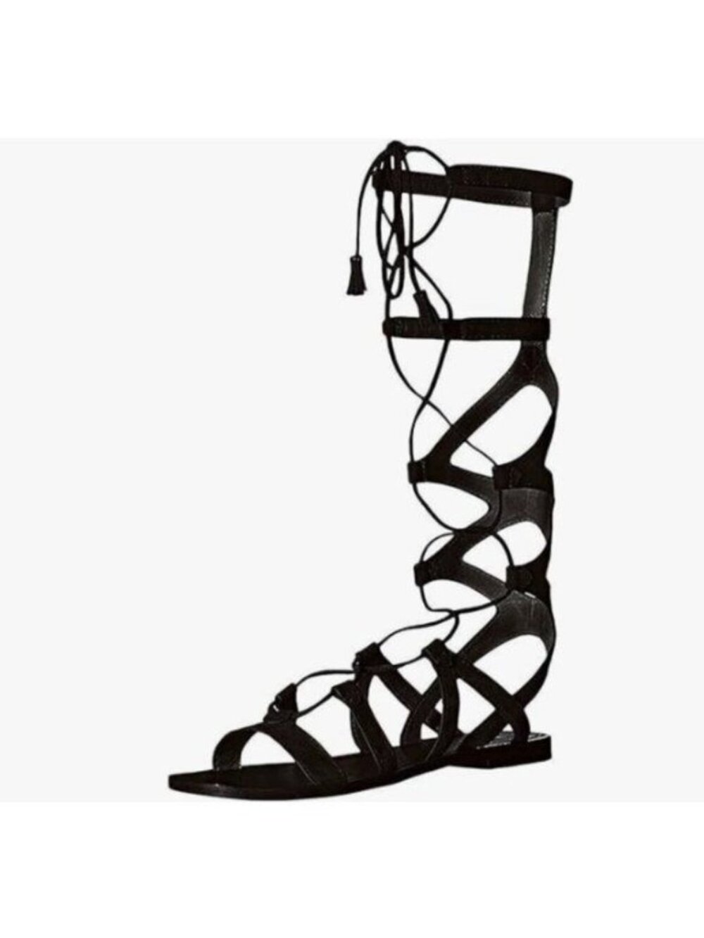 YDN Black Sexy Knee High Lace up Flats Fringe Low Heel Gladiator Strap Sandals